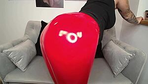 teen strips red leather leggings in fetish scene