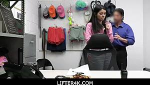 Security Officer Tommy Gunn Catches Harley Haze Stealing And Blackmails Her For Sex