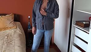 hidden camera catches my wife’s sexy stepmother dressing up and groping her own tits