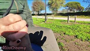 flashing cock in public park with stepdaughter helping cumshot