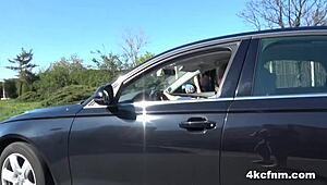 Hitchhiker blonde drips cum after outdoor handjob for a ride.