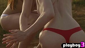 Petite teen models rip clothes for wild outdoor striptease action