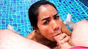 bargirl girlfriend sucking cock at pool villa, outdoor slut with cumshot on tits