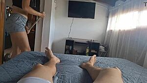 Maid in tight shorts ignites horny spycam fantasies