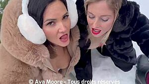 Two slutty girlfriends suck cocks in snow and get faces covered in cum