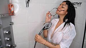 Latina lover records my shower masturbation with bent-over poses