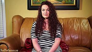 Teen redhead masturbates and fucks on casting couch