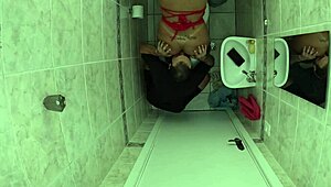 friend enters bathroom and fucks latina while she pees