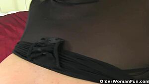 an older woman in silk shows fun in solo play