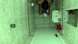 friend enters bathroom and fucks latina while she pees