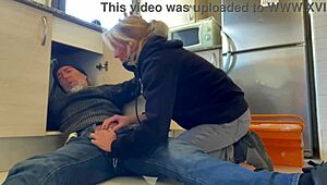 hot wife gives blowjob to plumber in kitchen, ends with cum in mouth