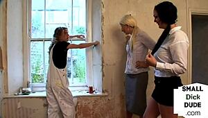Hey! Watch These Micro Penis Mistresses Wank a Tiny Tradesman Cock in a Wild Trio!