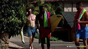 Rough interracial bareback group sex with big black cocks