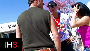 Hey, check this wild foursome banging on the beach!