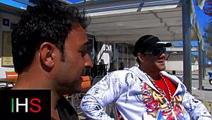 Hey, check this wild foursome banging on the beach!