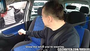 A red-haired woman without a hair gets hardcore sex in a car