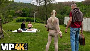 Czech hunter bangs girlfriend in pantyhose group watching
