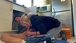 hot wife gives blowjob to plumber in kitchen, ends with cum in mouth