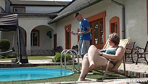bbw femdom face sits submissive guy, saying clean the pool