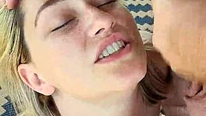 Blonde hotwife gives dirty talking blowjob and receives facial