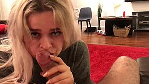 Small 18+ Blonde Slut Performs Deep Blowjob on Big Cock, Ending in Cumshot