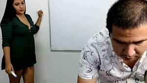 Big-boobed teacher swallows cum in group session with teen