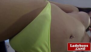 Busty ladyboy solo rubs her hard cock close-up.