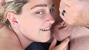 Blonde hotwife gives dirty talking blowjob and receives facial