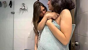 Yo, while my husband cooks, his sis joins me for steamy shower fun