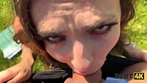 Close-up POV of a seductive bitch giving a blowjob for debt repayment