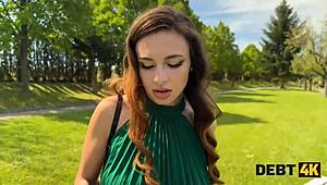 Close-up POV of a seductive bitch giving a blowjob for debt repayment