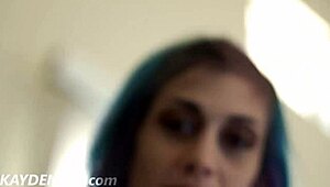 emo girl with blue hair asks, 'want pov blowjob?'