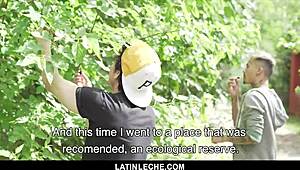 Tattooed stud tricks and fucks sexy latino boy outdoors