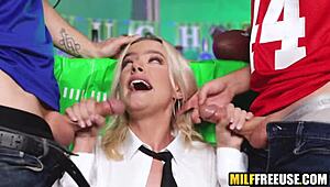 Hot blonde babe just got FREEUSED by rowdy football fans in a wild uniform 3some.