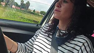Skinny brunette masturbates pussy outside car
