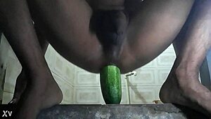 Horny gay says, 'fuck my pussy with that cucumber'