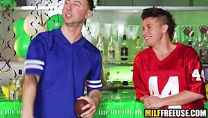 Hot blonde babe just got FREEUSED by rowdy football fans in a wild uniform 3some.