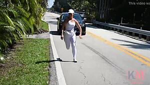 Kelsi Monroe runs from police in bondage scene.