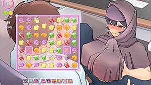 tsundere milf in hentai game gets titjob under desk from muslim boss