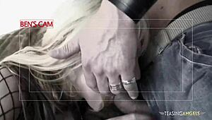 Blonde milf in stockings sucks cock before banging two guys doggystyle for cumshot