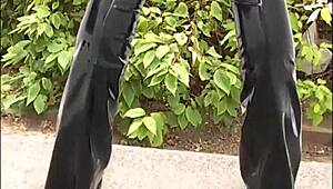 blonde latex babe amandas outdoor high heel boots and tight rubber-latex fetish wear 😍