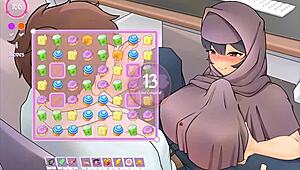 tsundere milf in hentai game gets titjob under desk from muslim boss