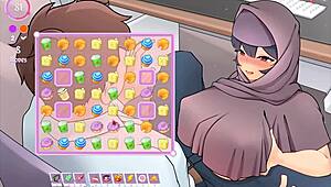 tsundere milf in hentai game gets titjob under desk from muslim boss