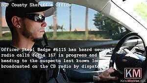 Kelsi Monroe runs from police in bondage scene.