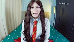 young hermiona granger strips and begs for anal, contrasting her innocent look with slutty desires