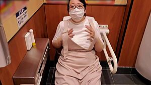 chubby japanese milf masturbates in store toilet during shopping
