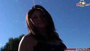 curvy brunette slut with natural big tits gets picked up for interracial sex.