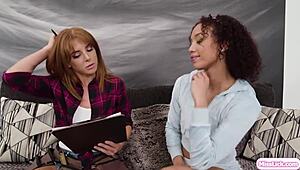 Redhead lesbian babe licking ebony girlfriend's pussy