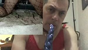 Intensely using two octopus dildos in bdsm lingerie