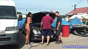 Nudist Eurobabe Teases Mechanics Outdoors